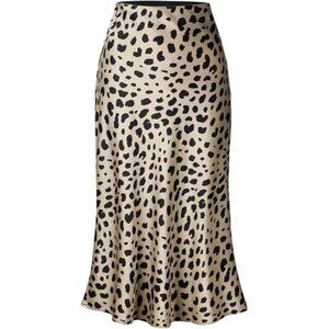 Leopard Midi Skirt for Women High Waist Silk Satin Elastic Cheetah Casual Skirt